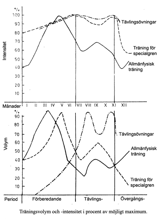 Figur 34. Variationer i träningsvolym och -intensitet under en makrocykel (Matvejev, 1977).